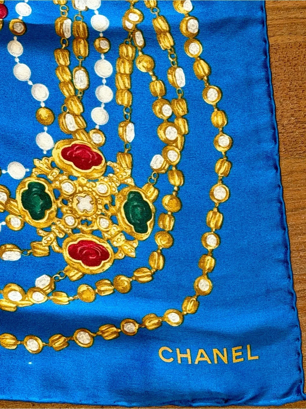 CHANEL Gripoix Blue Silk Scarf with Gold Chain and Red & Green Medallions